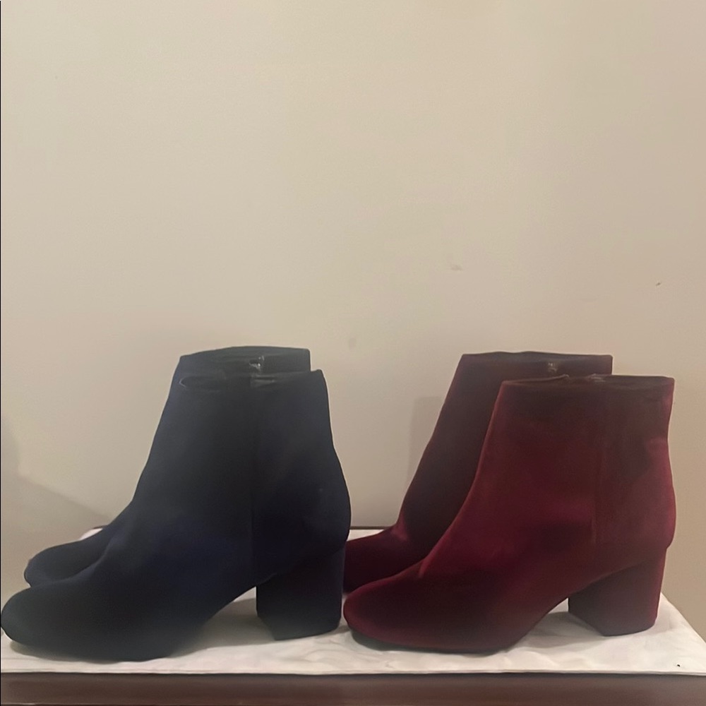Sleek Suede Navy Blue and Burgundy Ankle Booties with Chunky Heel